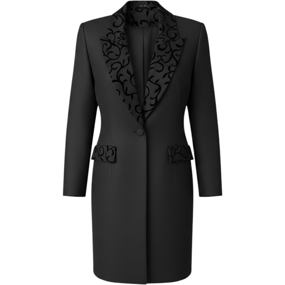 Fattaneh Bahari Vintage Blazer Women 14 Black Velvet Lapel Longline 1990's USA